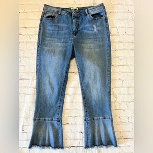 John Mark Women's  Croppd Stretch Blue Flared Jeans Size 12 Boho Fringe